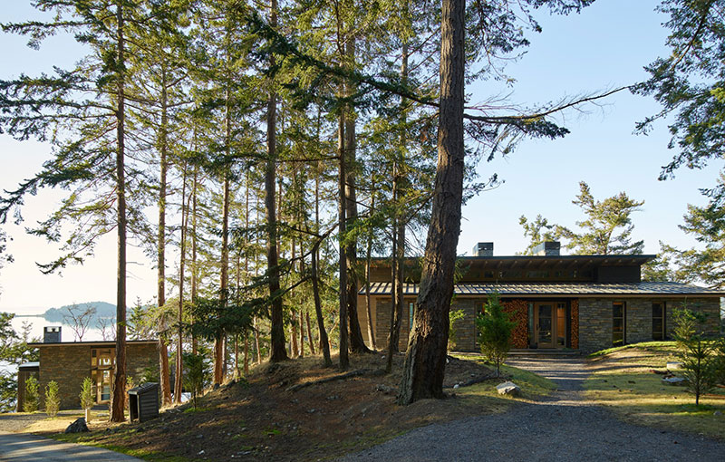 Потрясающий современный дом на холме у озера в США дерево